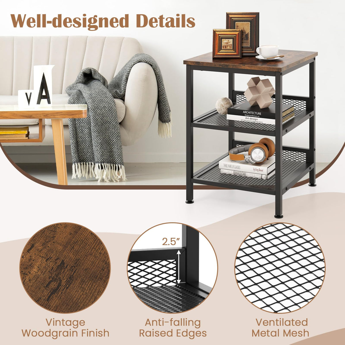 3-Tier End Table Set of 2 with Mesh Storage Shelves A2317