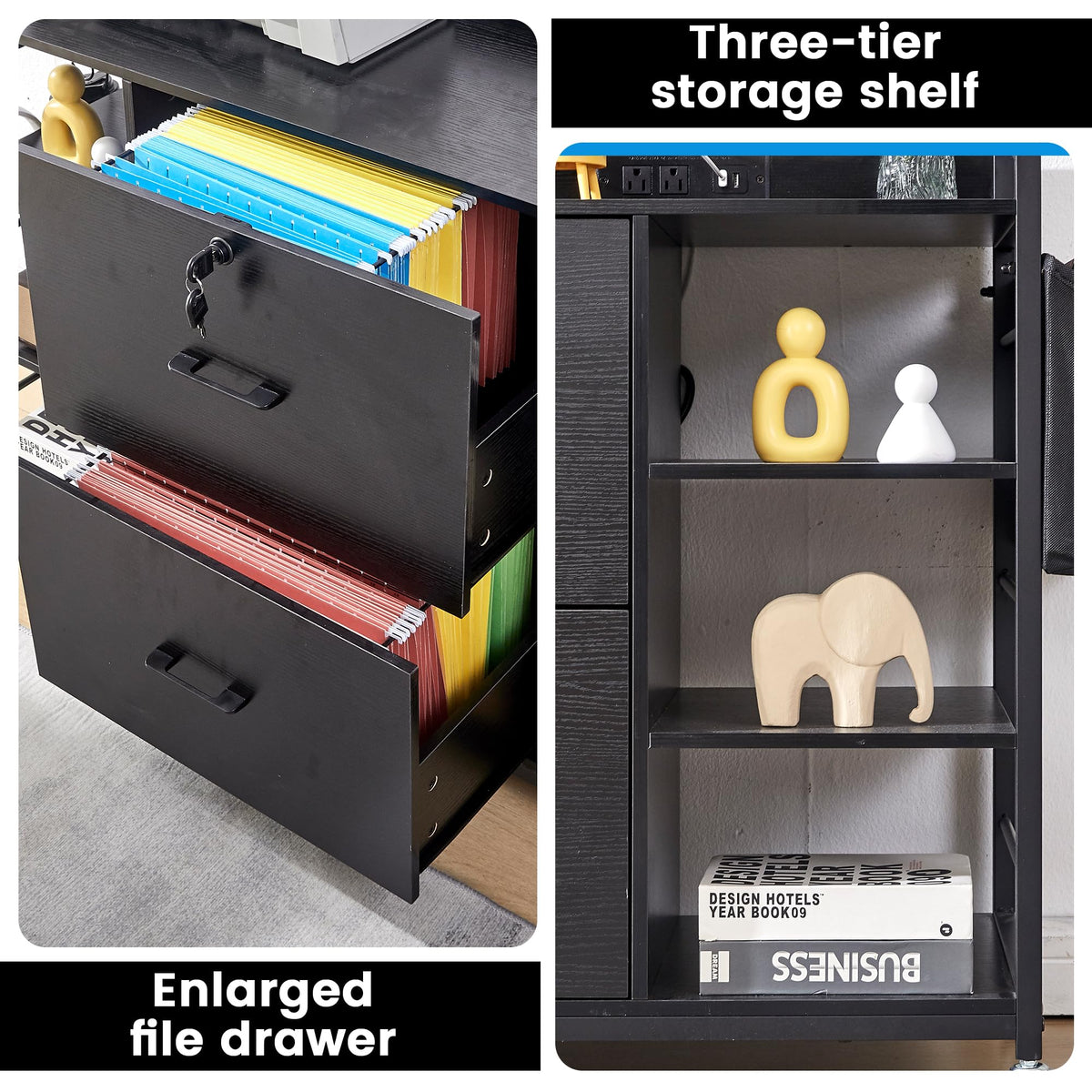 45" Black 2 Drawer File Cabinet with Lock and Power Outlet Y643