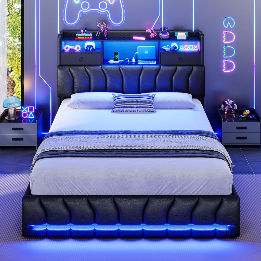 Full Bed Frame with Storage Headboard and 2 Drawers, RGB Lights, Black E764338