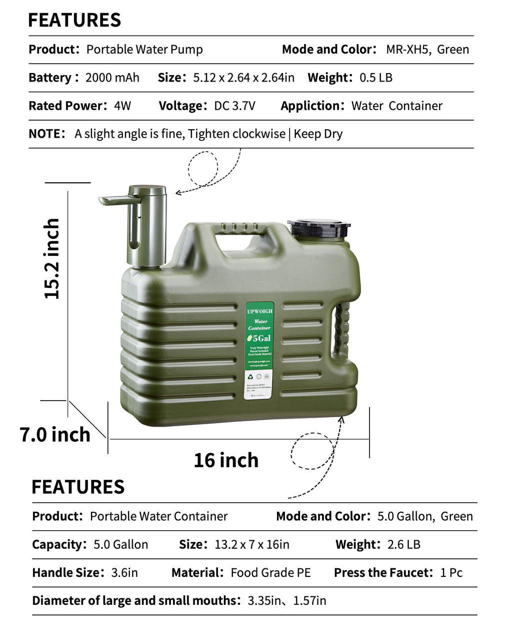 5 Gallon Water Jug with Rechargeable Touch Pump P97148