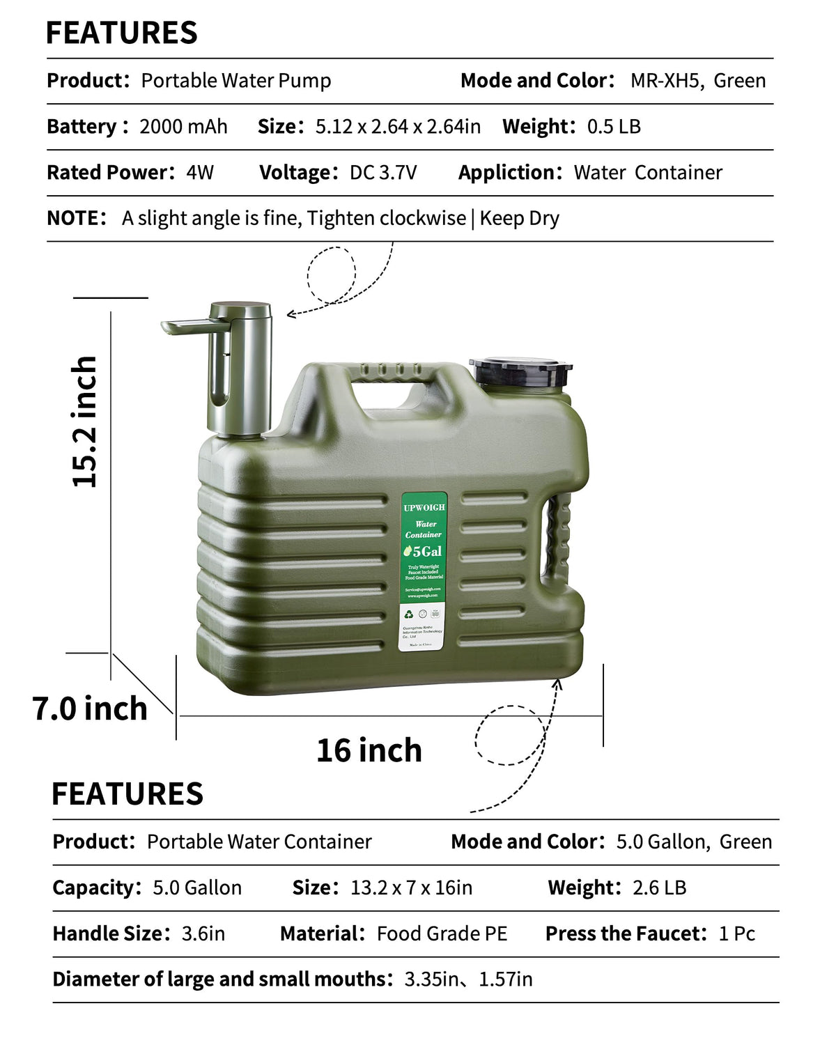 5 Gallon Water Jug with Rechargeable Touch Pump P97148