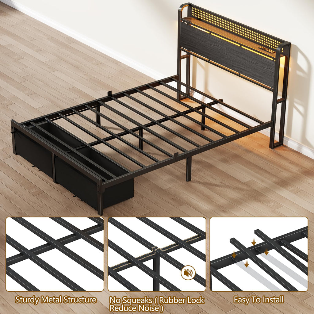 Full Size Bed Frame with Headboard, Charging Station, 2 Storage Drawers U9418