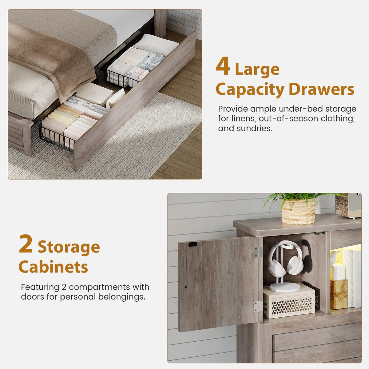 Twin Size Wood Platform Bed Frame with Bookcase Storage Headboard and 4 Drawers X9132