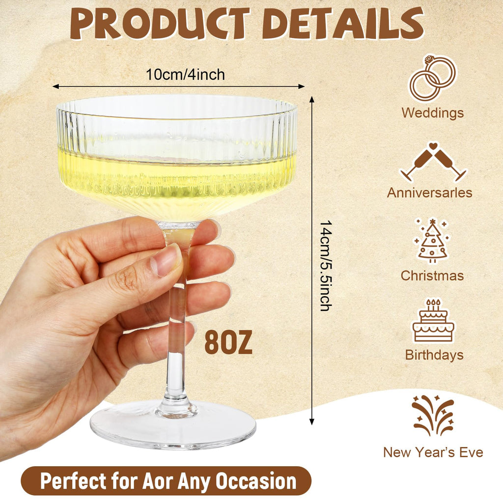 Set of 6 8 oz Clear Ribbed Coupe Glasses Y698