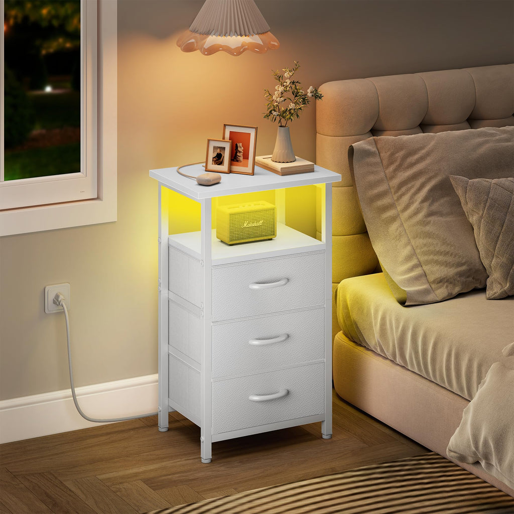 White Nightstand with Charging Station and 3 Fabric Drawers I870