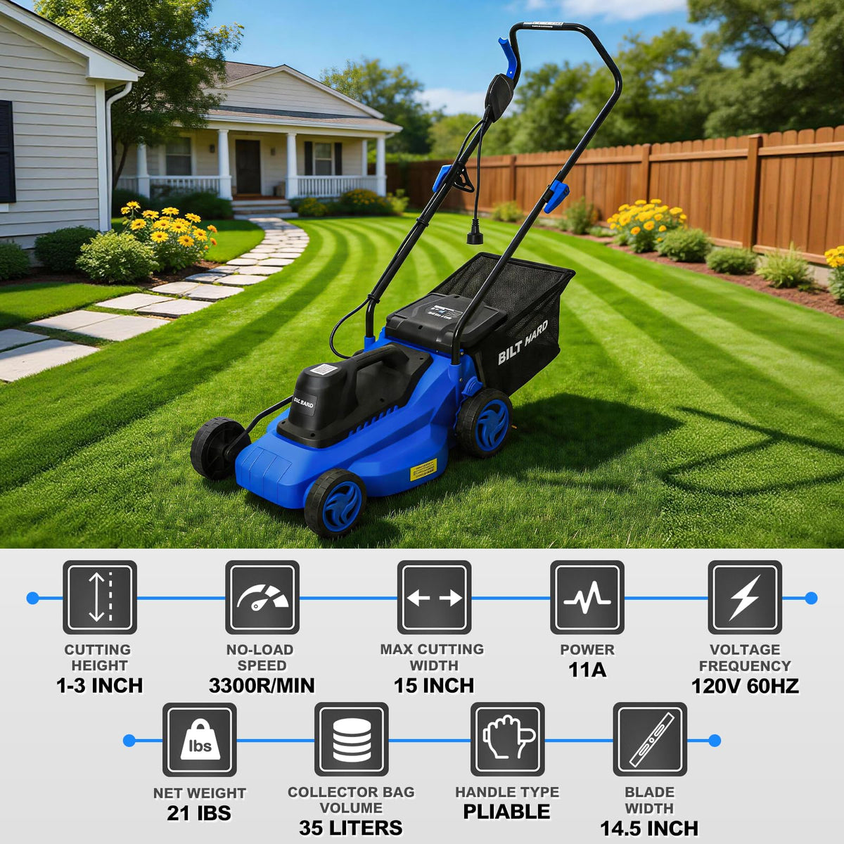 15" Corded Electric Push Mower with 35L Grass Bag Y3464