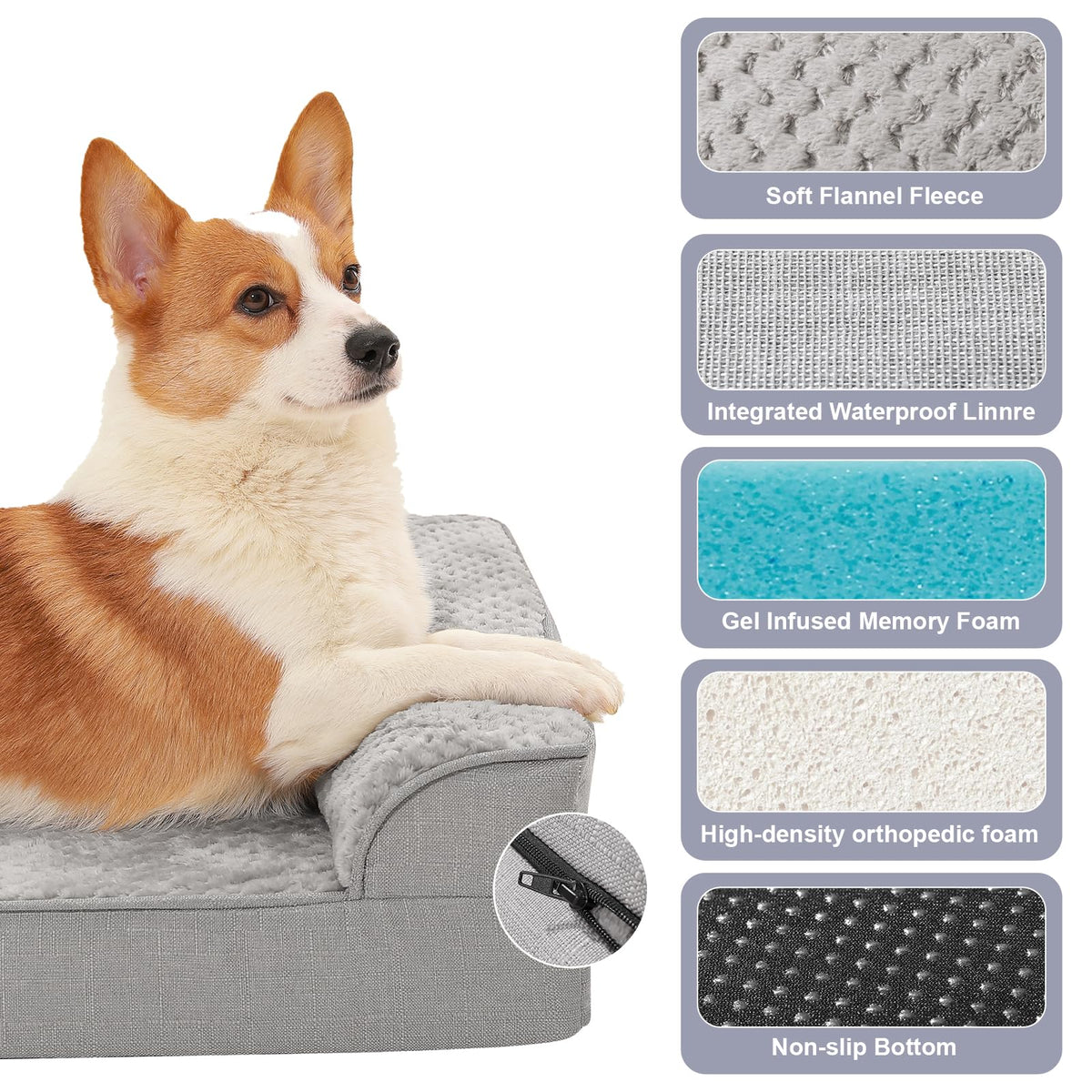 Memory Foam Orthopedic Dog Bed with Removable Waterproof Cover, 35x23 Inches, Light Grey B731