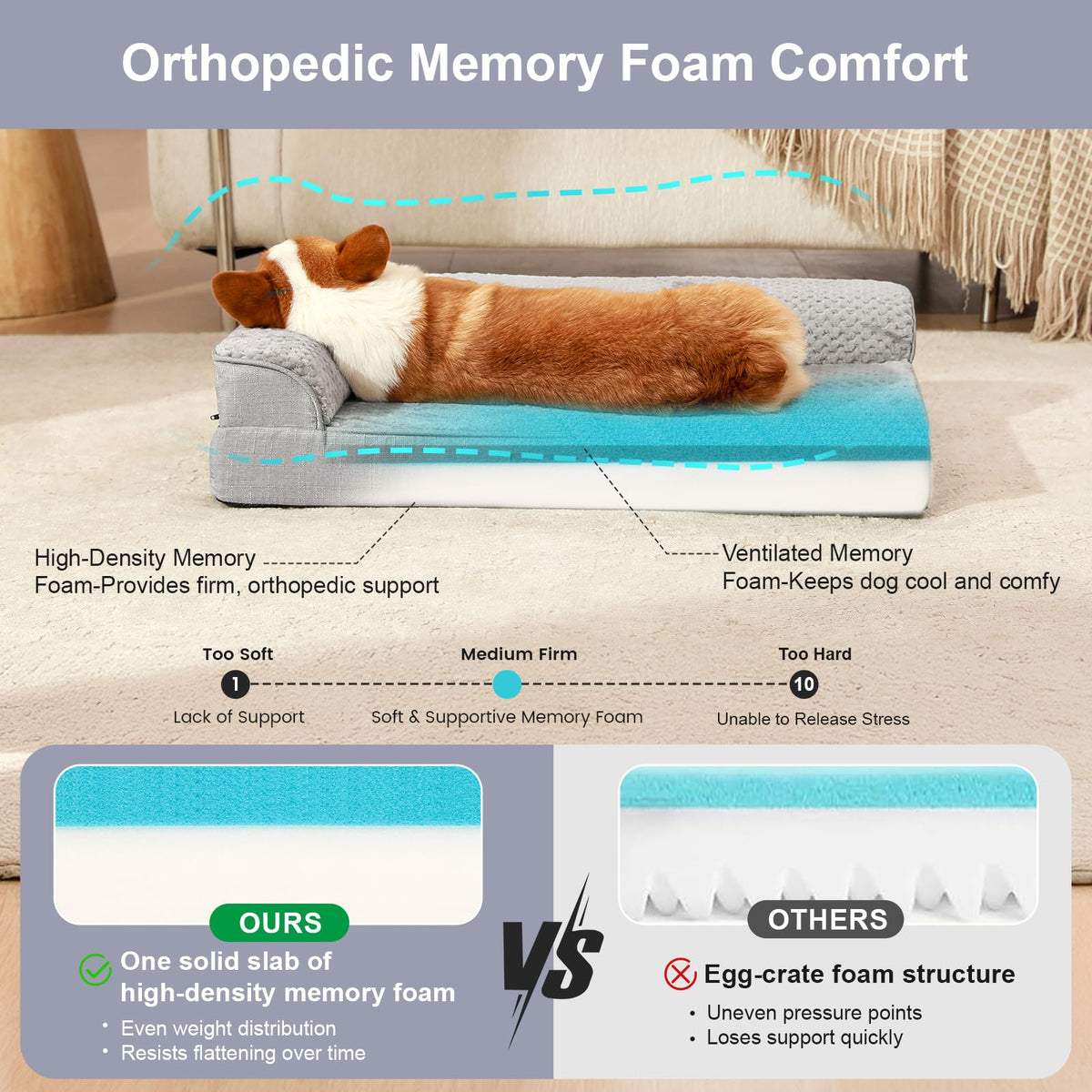 Memory Foam Orthopedic Dog Bed with Removable Waterproof Cover, 35x23 Inches, Light Grey B731