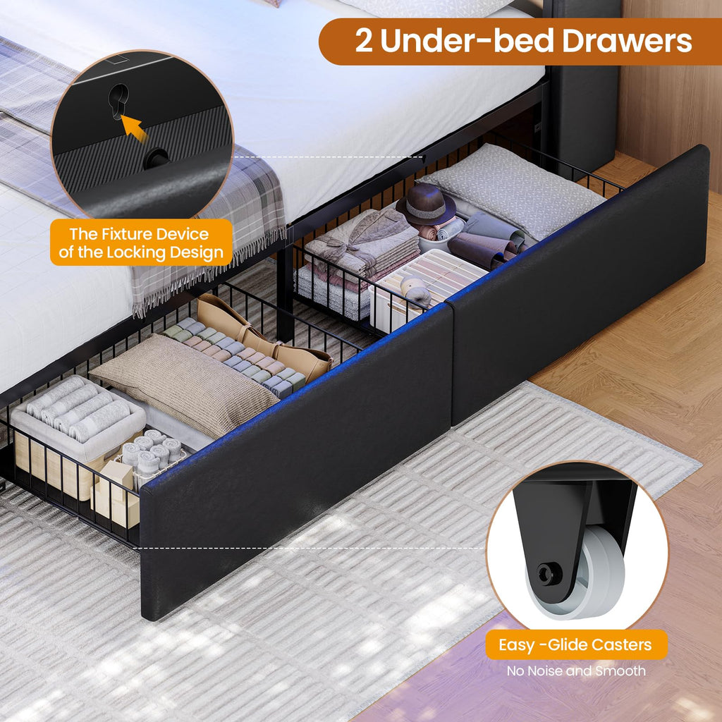 Full Bed Frame with Storage Headboard and 2 Drawers, RGB Lights, Black E764338