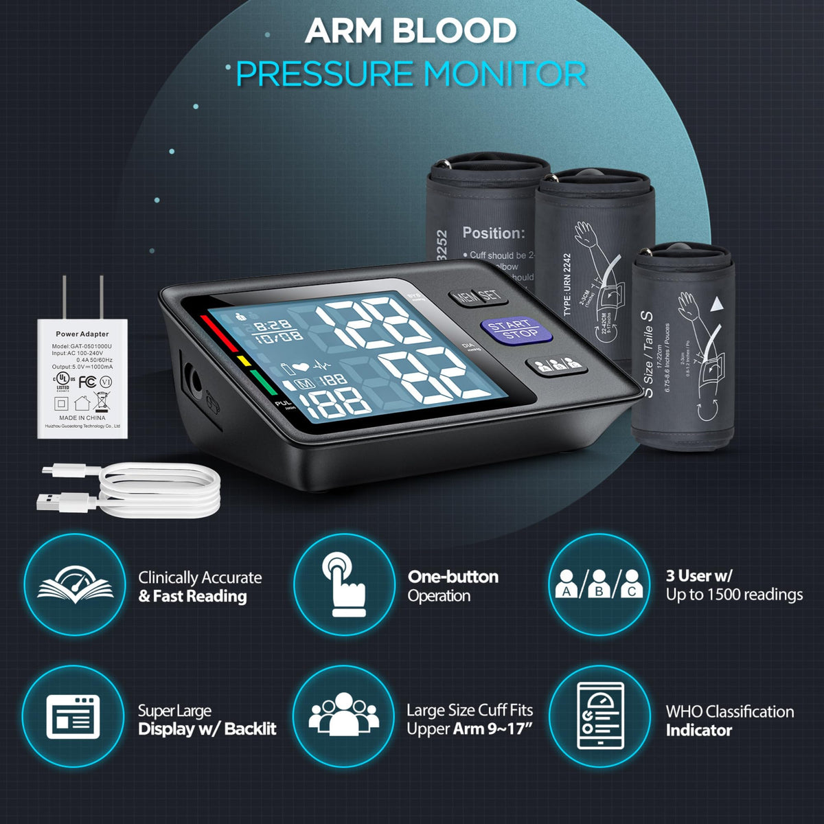 Automatic Upper Arm Blood Pressure Monitor, 3 Cuffs L6062