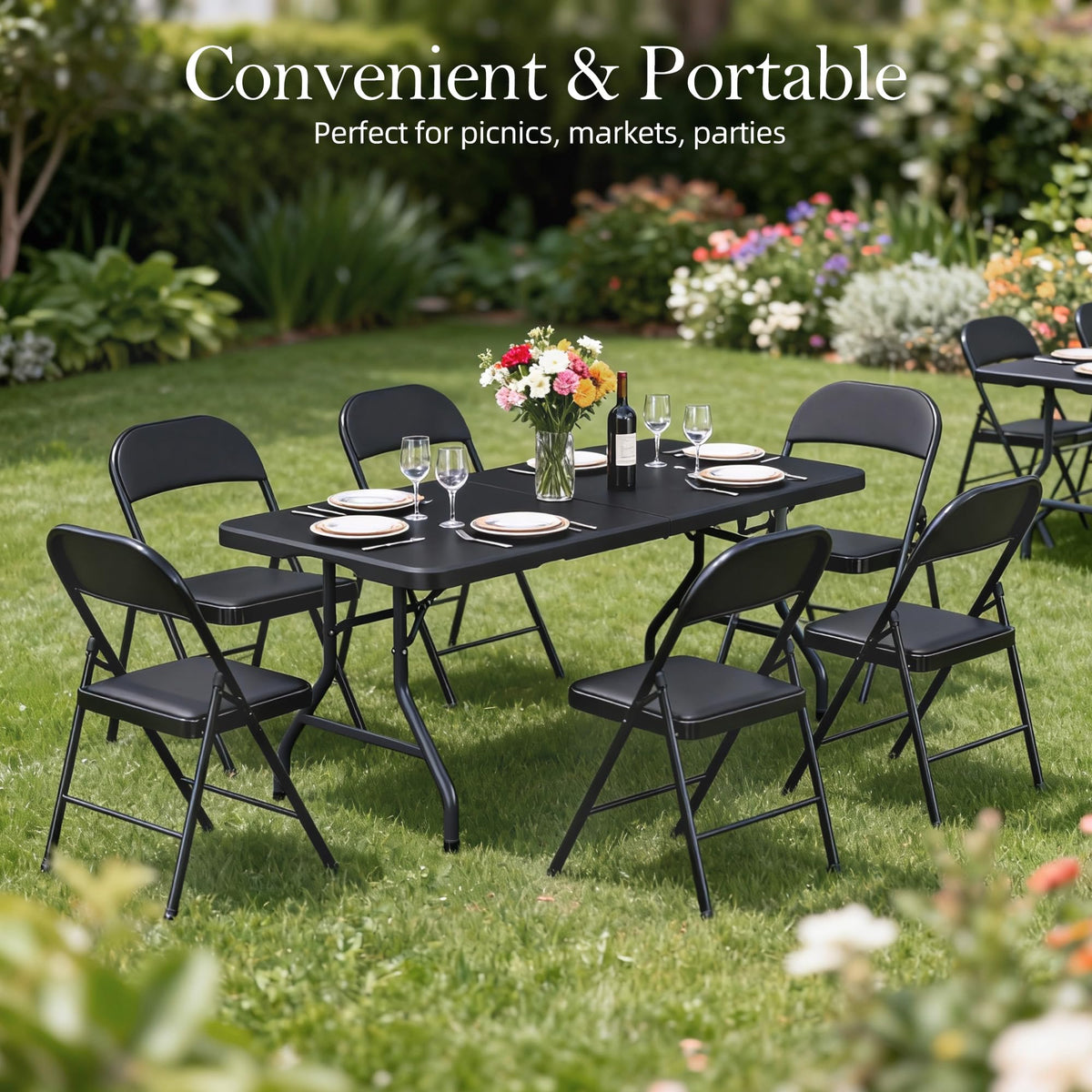 6FT Black Plastic Folding Table with Carrying Handle W86477
