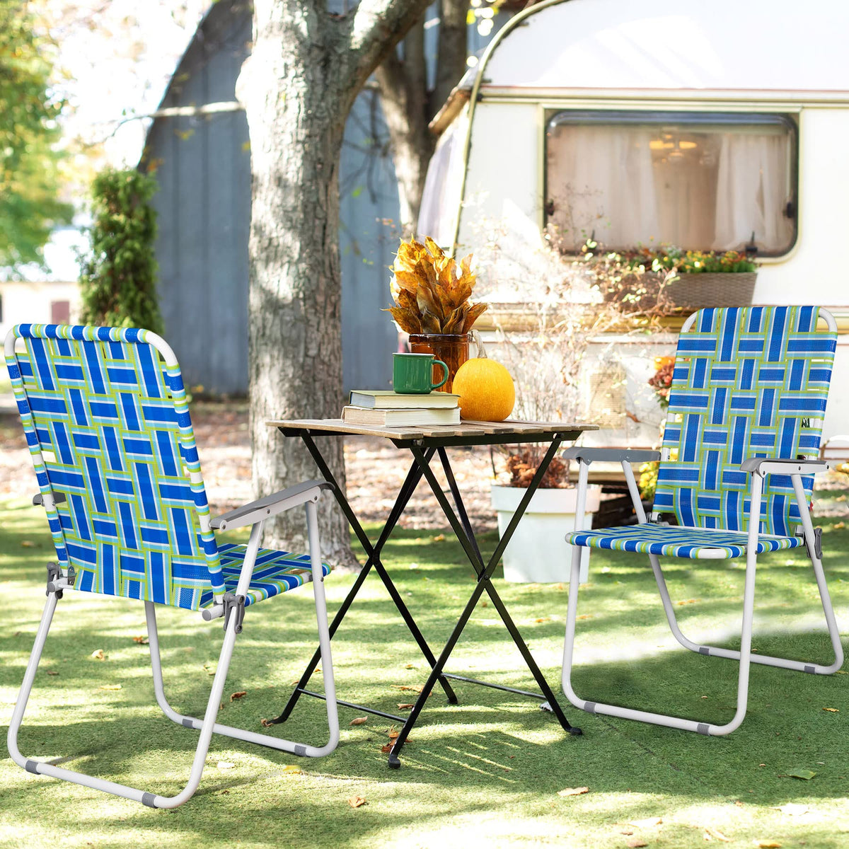 Folding Metal Webbed Outdoor Chair Set of 2 Blue X3707