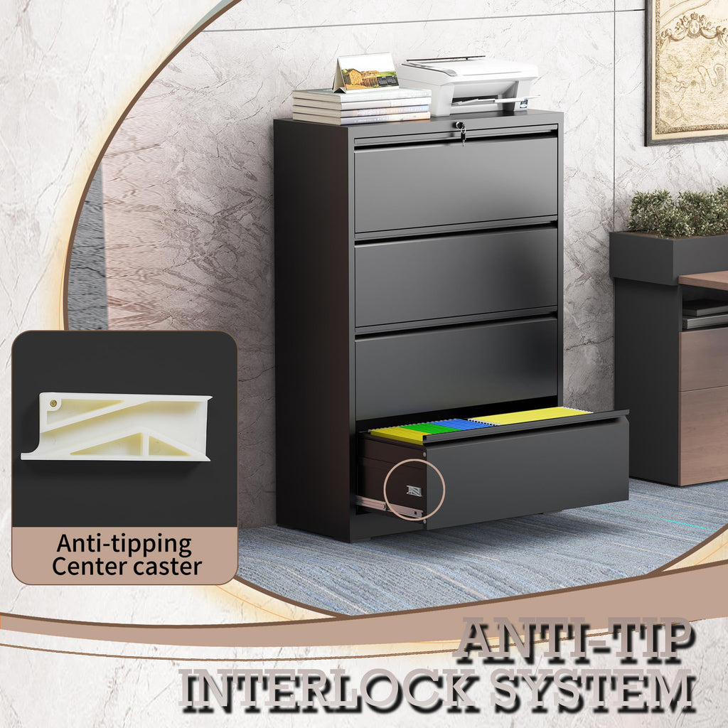 Black 4 Drawer Lateral File Cabinet with Lock E353