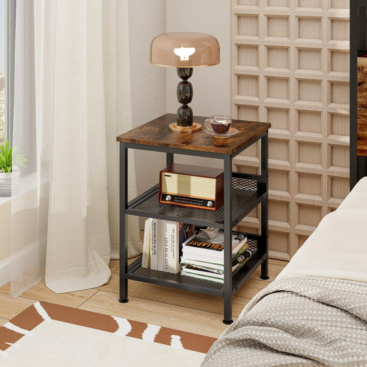 3-Tier End Table Set of 2 with Mesh Storage Shelves A2317