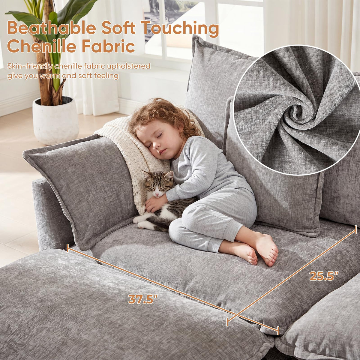 Light Gray Chenille 2 Seater Sofa with Pillows B222073