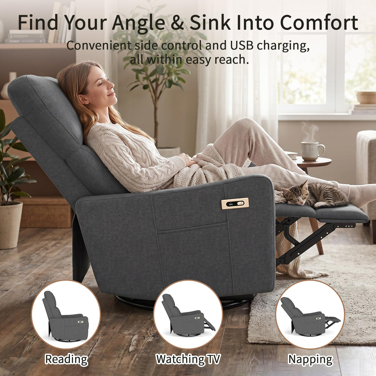 Light Brown Rubberwood Dark Gray Velvet Swivel Rocker Recliner Chair E215064