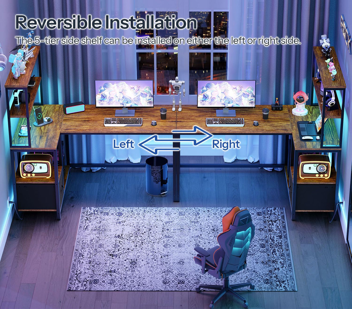 46 Inch Reversible Computer Desk with LED Light & Power Outlet F993