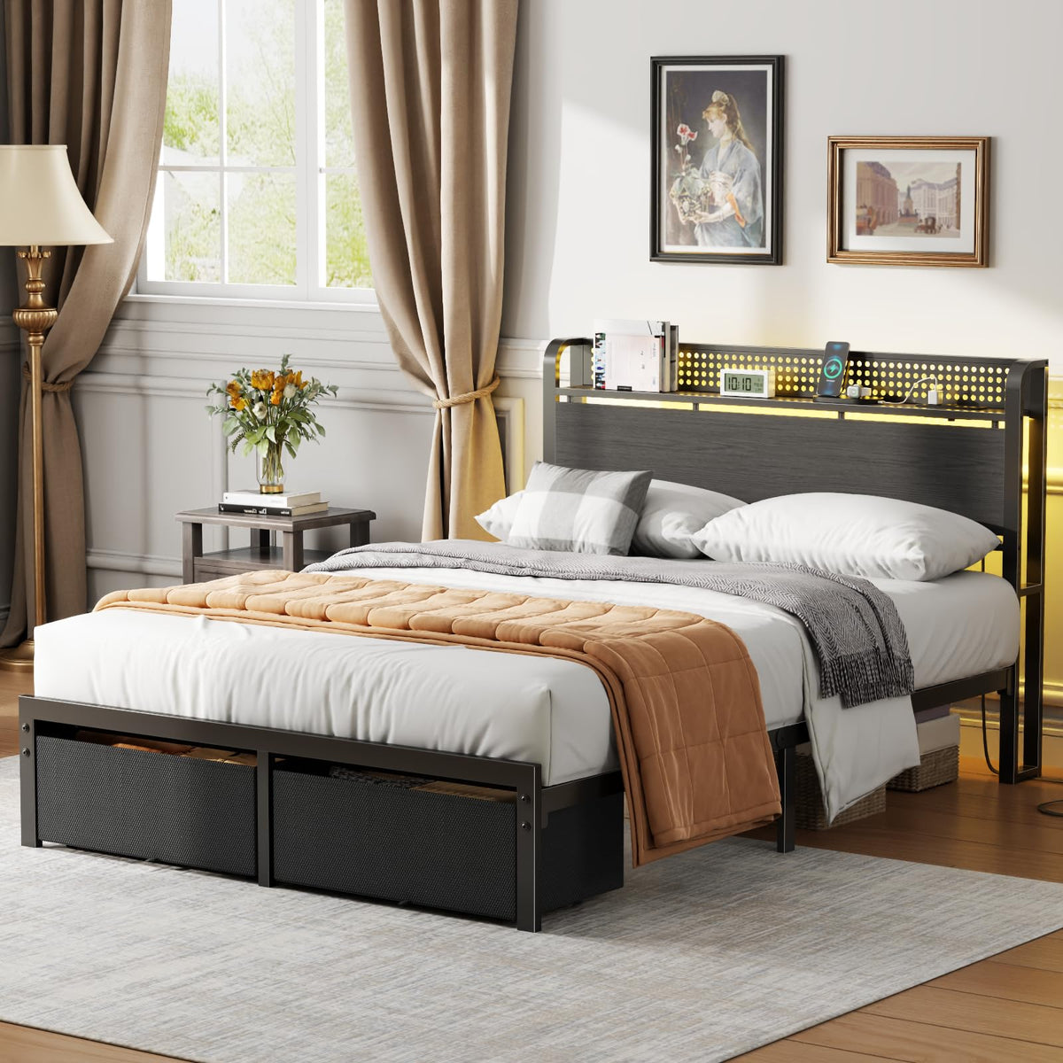 Full Size Bed Frame with Headboard, Charging Station, 2 Storage Drawers U9418