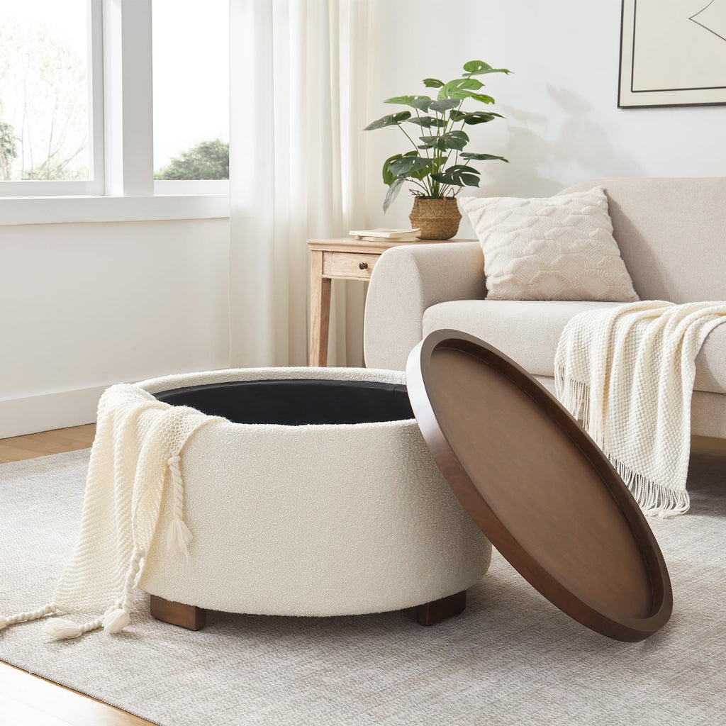 30 Inch Round Boucle Storage Ottoman H6444