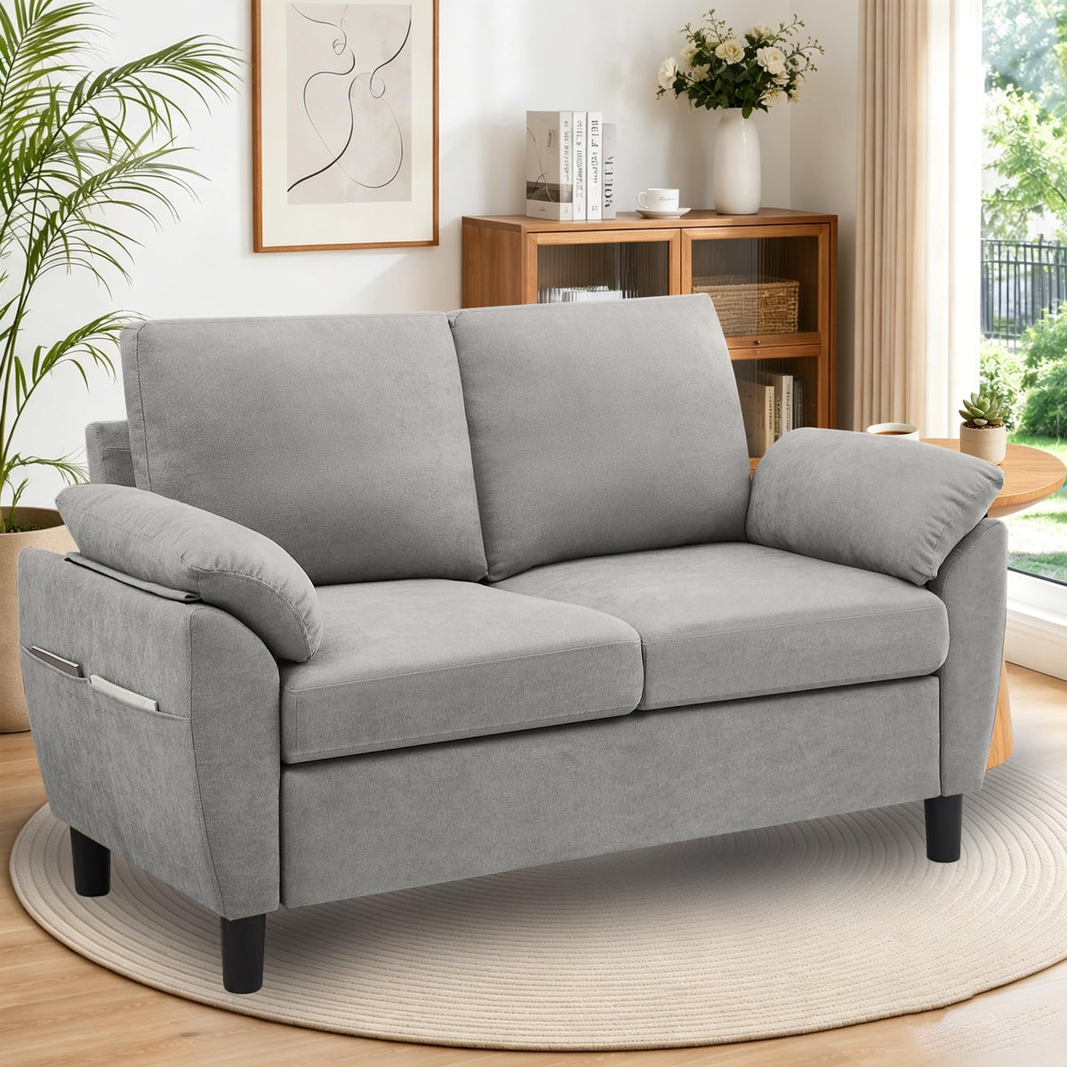 Light Grey Linen Loveseat Sofa with Side Pocket H77549