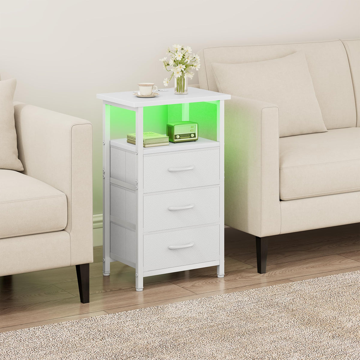 White Nightstand with Charging Station and 3 Fabric Drawers I870