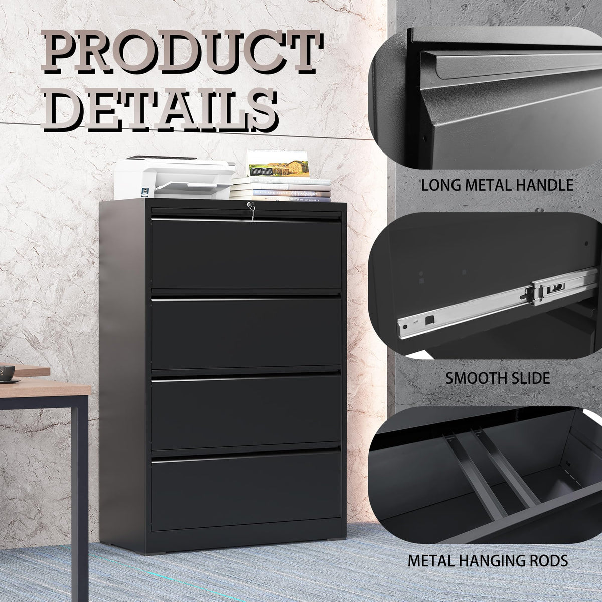 Black 4 Drawer Lateral File Cabinet with Lock E353