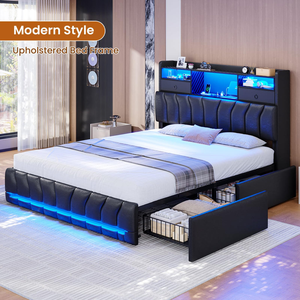 Full Bed Frame with Storage Headboard and 2 Drawers, RGB Lights, Black E764338