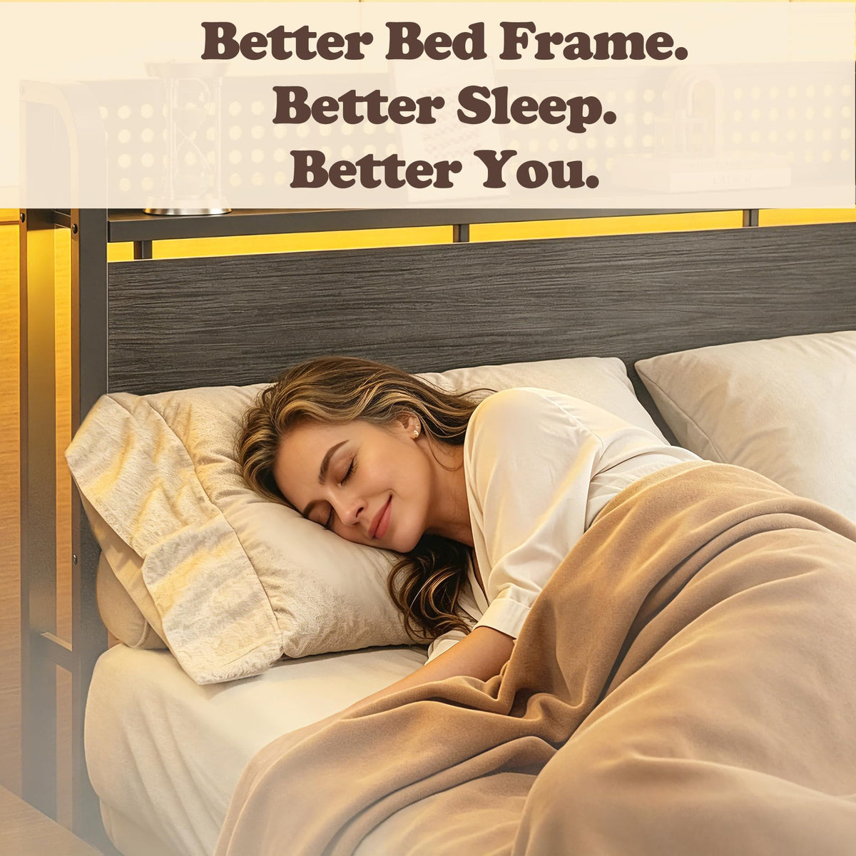 Full Size Bed Frame with Headboard, Charging Station, 2 Storage Drawers U9418
