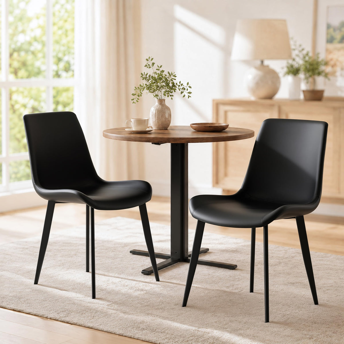 Black Dining Chairs Set of 4 PU Leather Upholstered with Metal Legs D7807