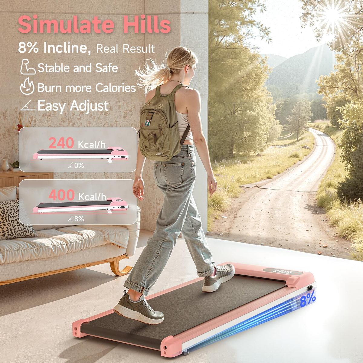 Pink 3 in 1 Portable Walking Pad Treadmill L646406