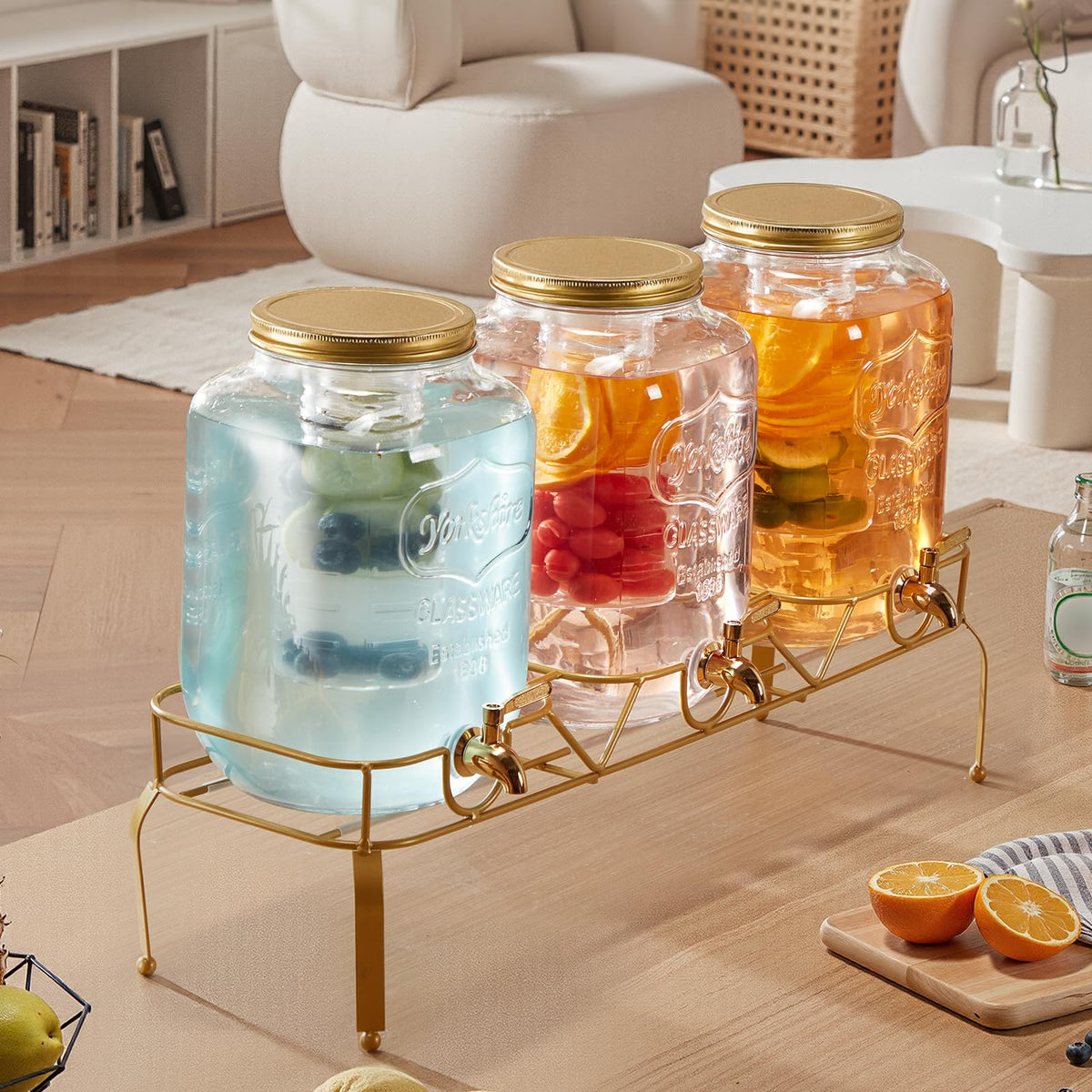 3 Pack 2 Gallon Glass Beverage Dispenser with Metal Stand O47889