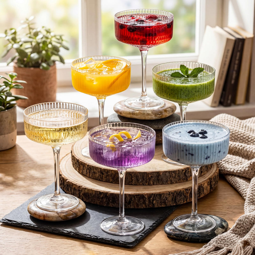 Set of 6 8 oz Clear Ribbed Coupe Glasses Y698