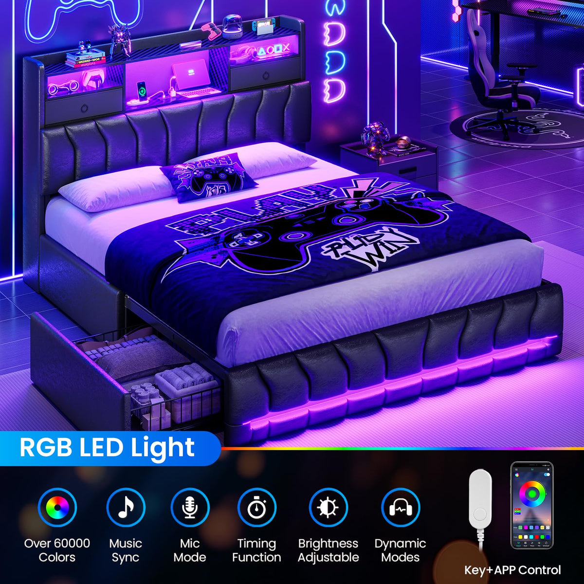 Full Bed Frame with Storage Headboard and 2 Drawers, RGB Lights, Black E764338