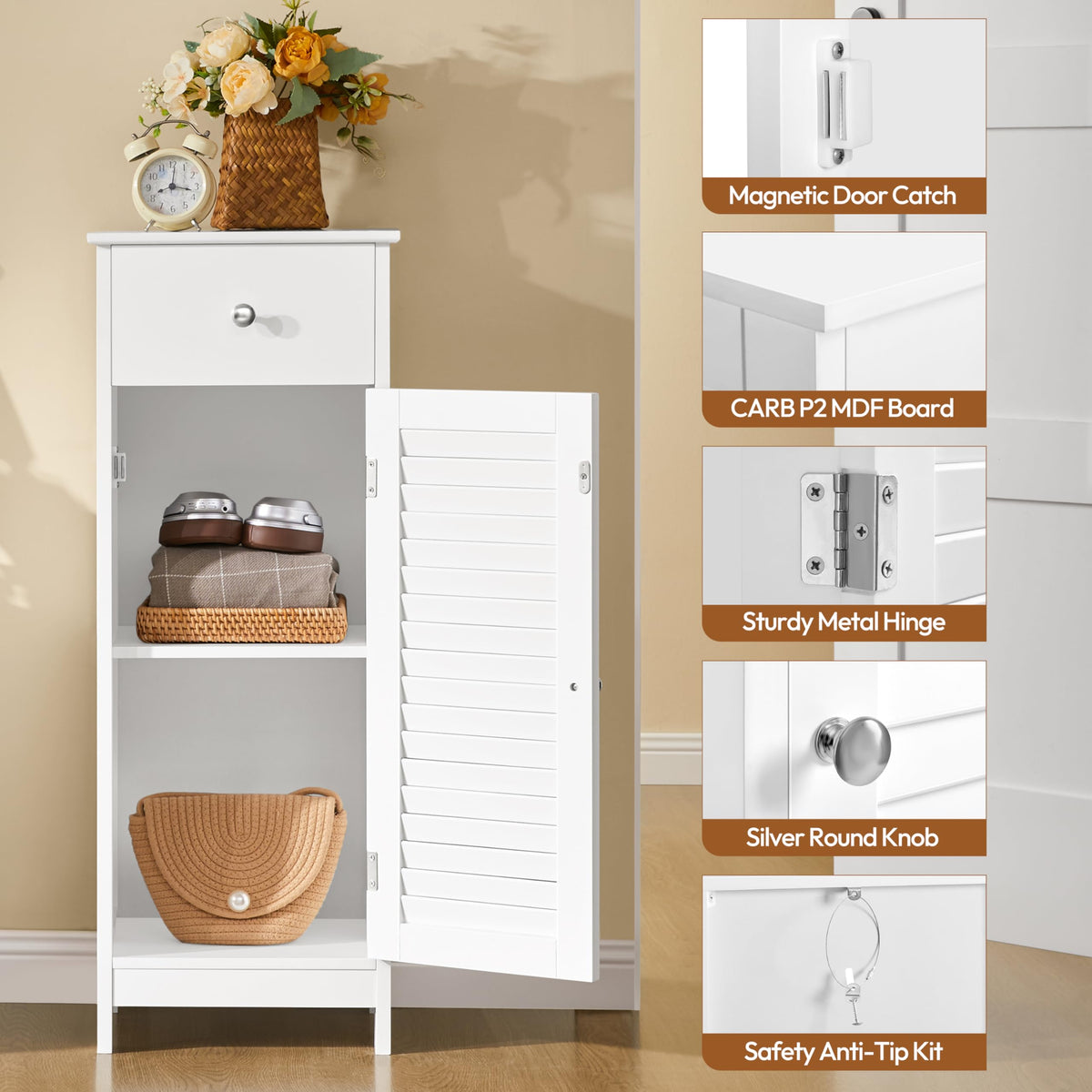 White Bathroom Storage Cabinet with Drawer M75098