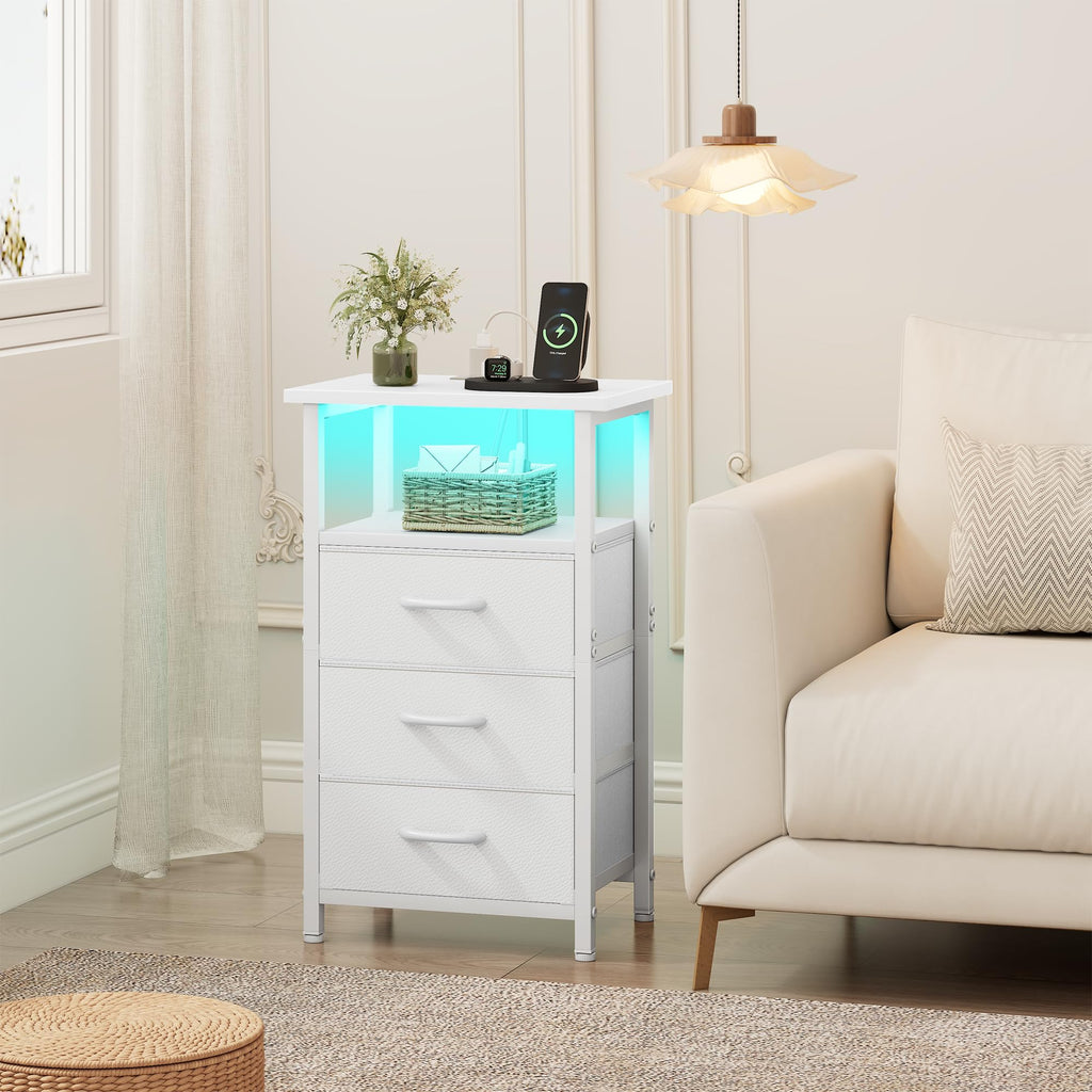 White Nightstand with Charging Station and 3 Fabric Drawers I870
