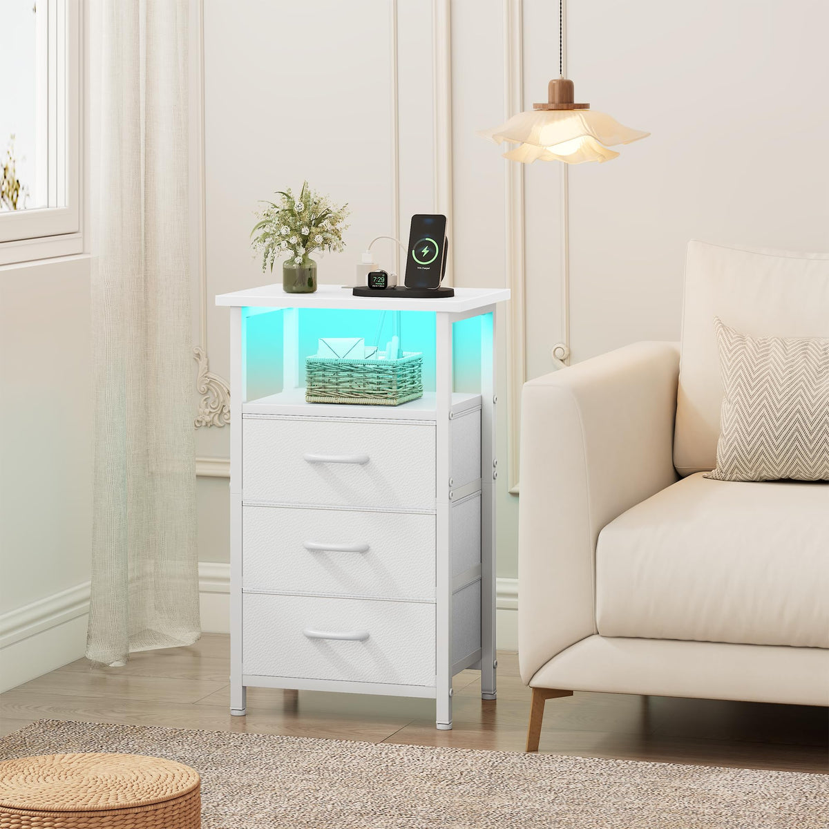 White Nightstand with Charging Station and 3 Fabric Drawers I870