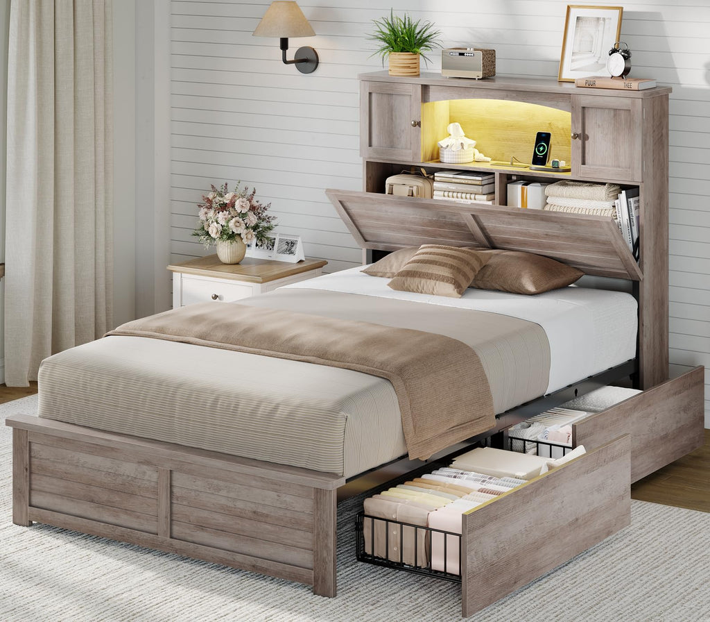 Twin Size Wood Platform Bed Frame with Bookcase Storage Headboard and 4 Drawers X9132