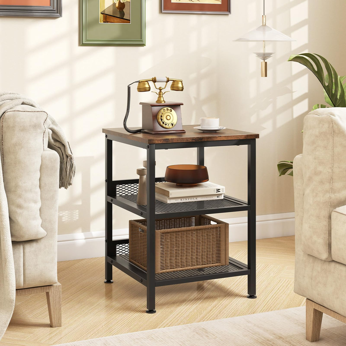 3-Tier End Table Set of 2 with Mesh Storage Shelves A2317