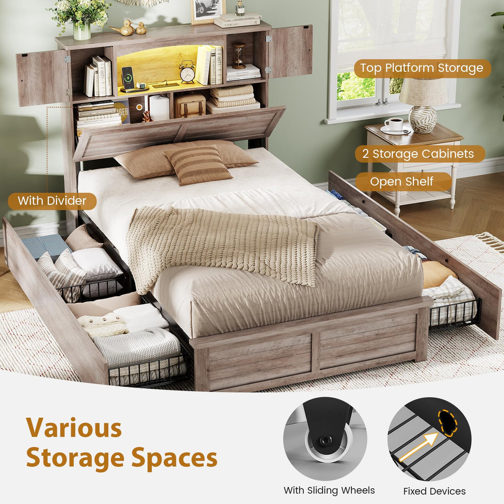 Twin Size Wood Platform Bed Frame with Bookcase Storage Headboard and 4 Drawers X9132
