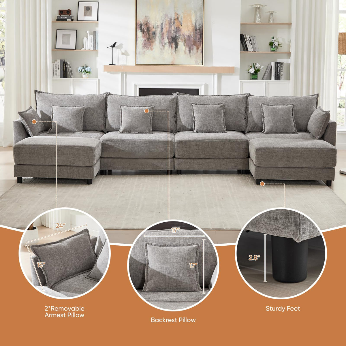 Light Gray Chenille 2 Seater Sofa with Pillows B222073