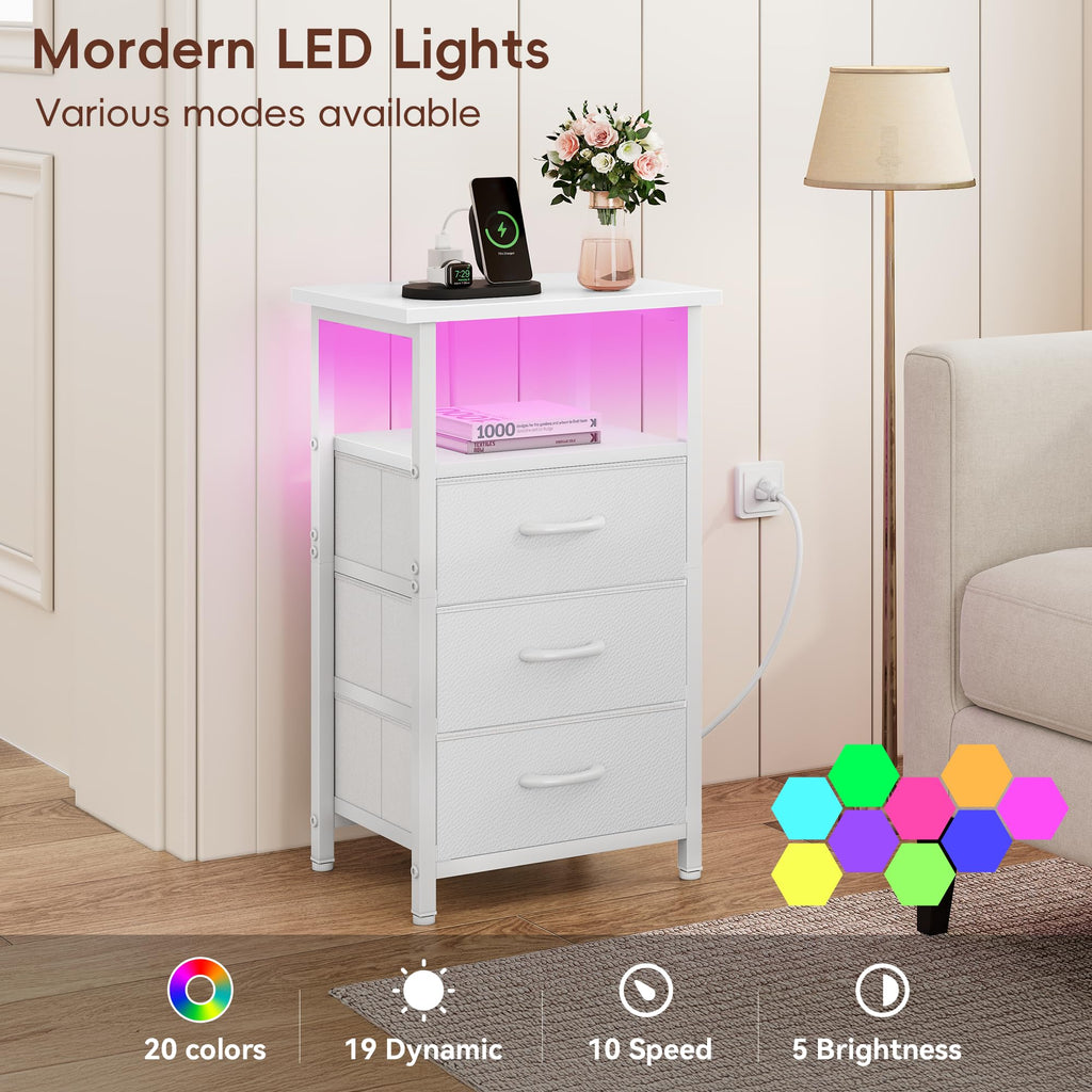 White Nightstand with Charging Station and 3 Fabric Drawers I870