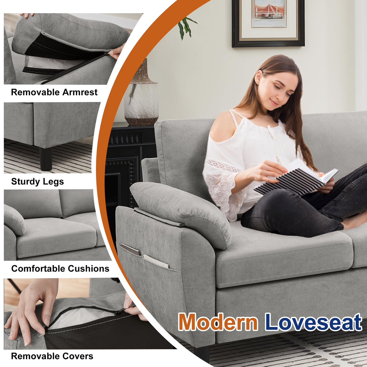 Light Grey Linen Loveseat Sofa with Side Pocket H77549