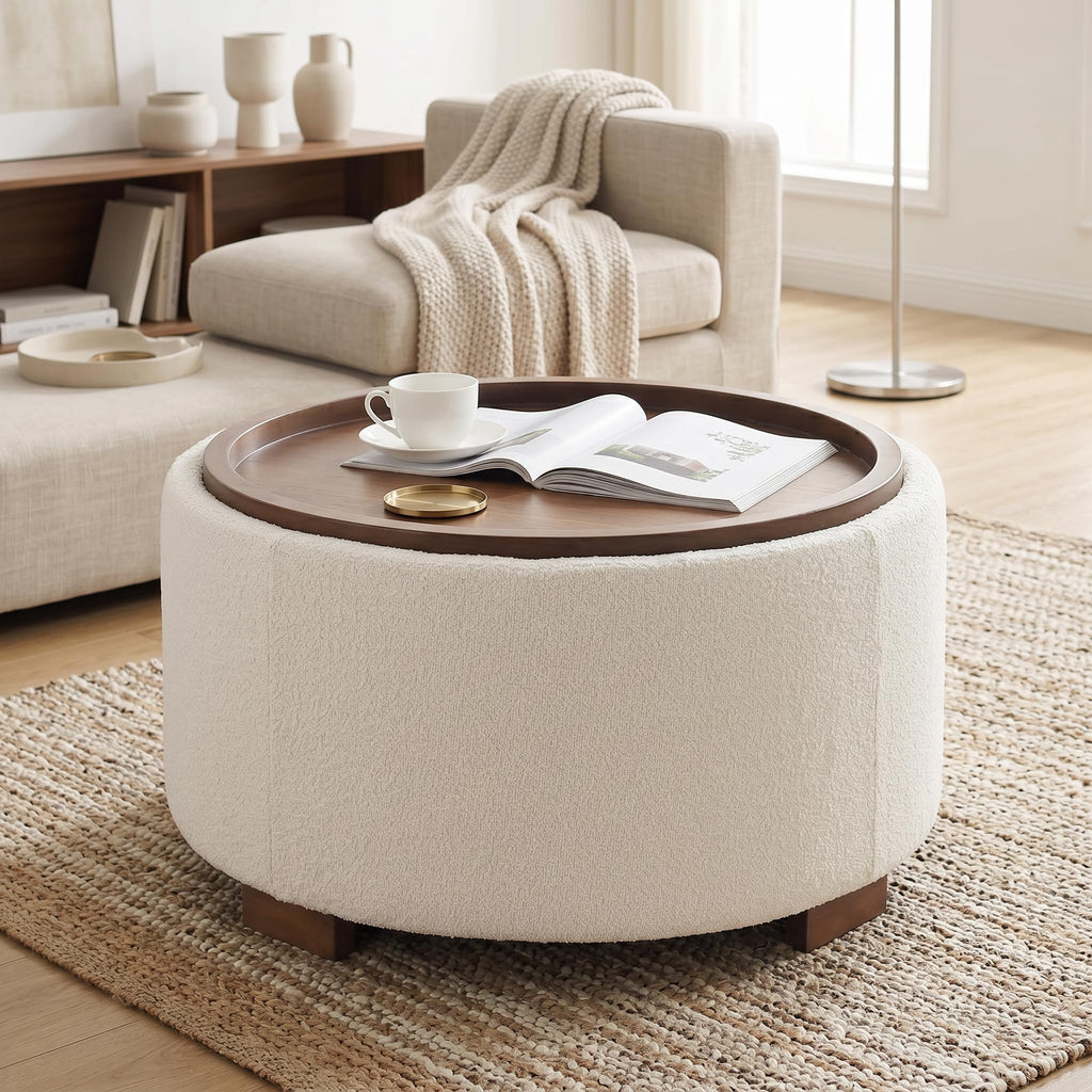 30 Inch Round Boucle Storage Ottoman H6444