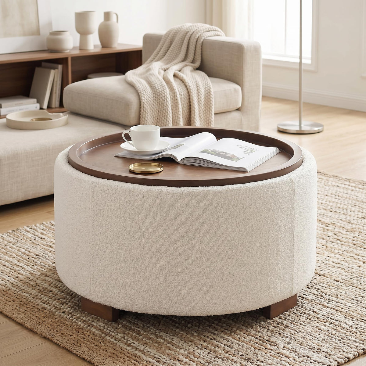 30 Inch Round Boucle Storage Ottoman H6444