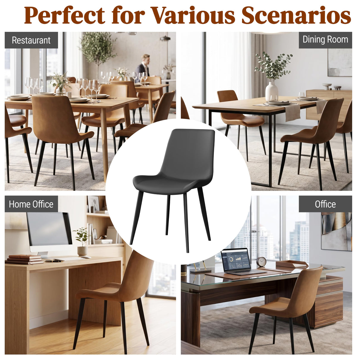 Black Dining Chairs Set of 4 PU Leather Upholstered with Metal Legs D7807