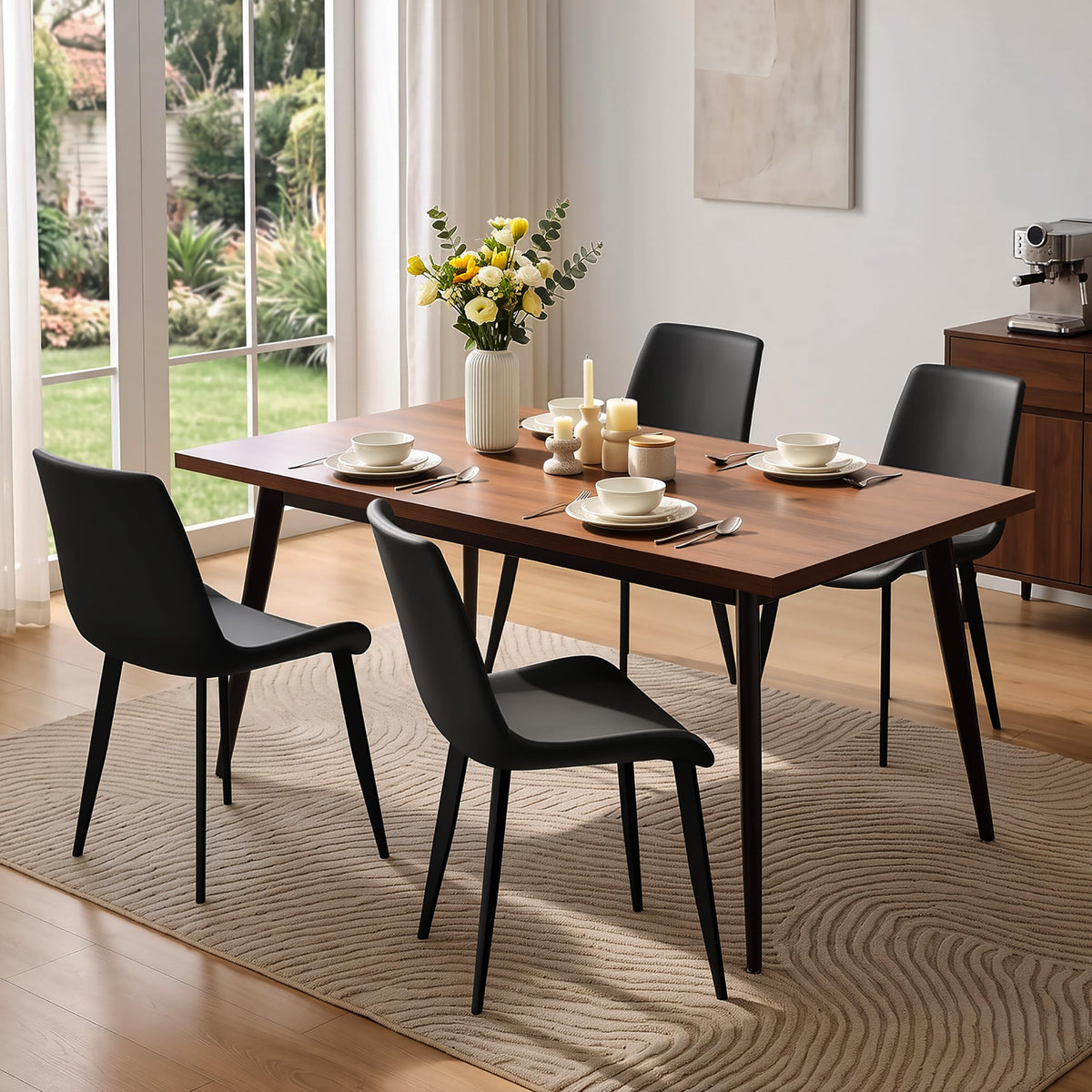 Black Dining Chairs Set of 4 PU Leather Upholstered with Metal Legs D7807