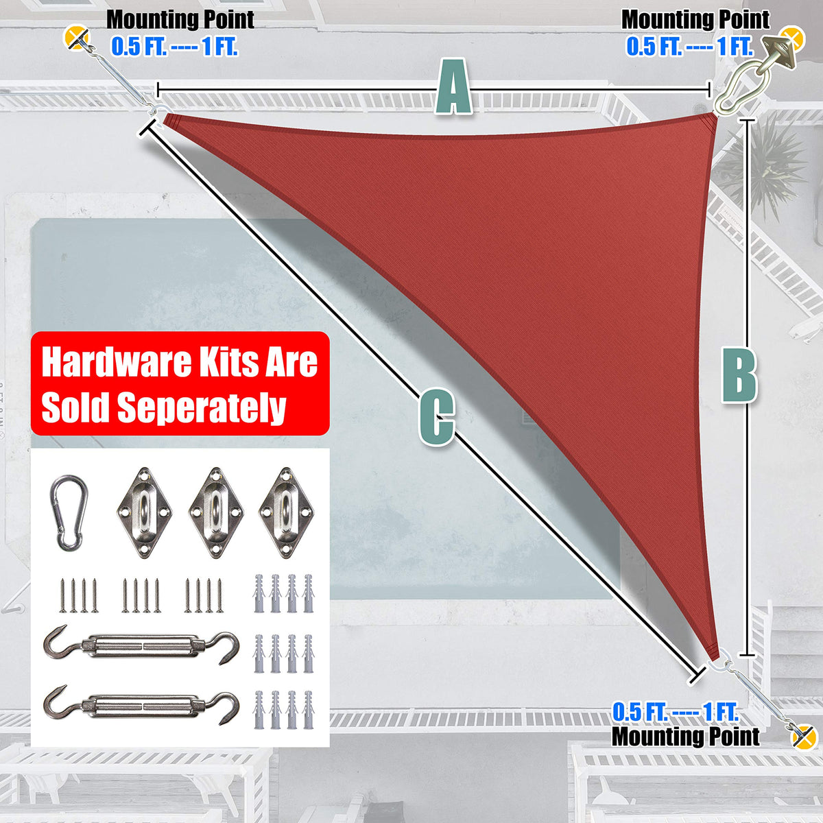 20' x 20' x 28.3' Red Triangle Sun Shade Sail V6237