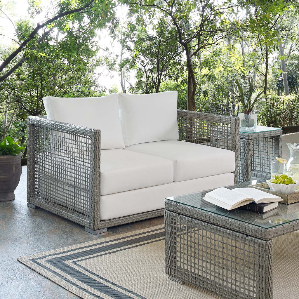 Gray White Wicker Rattan Loveseat with Cushions S752591