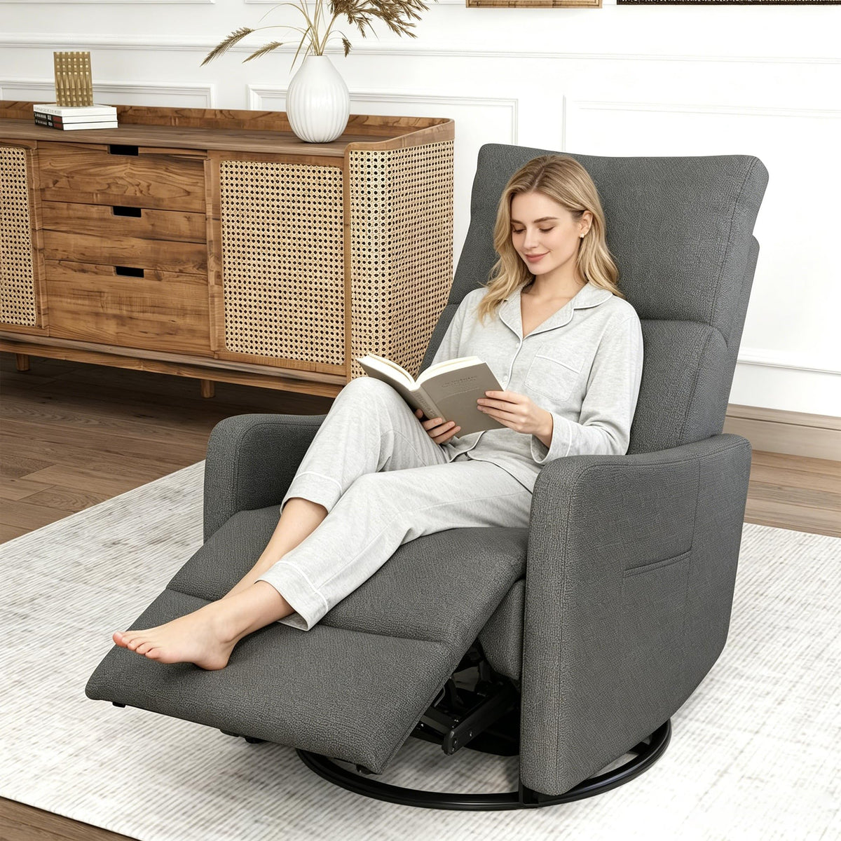 Light Brown Rubberwood Dark Gray Velvet Swivel Rocker Recliner Chair E215064