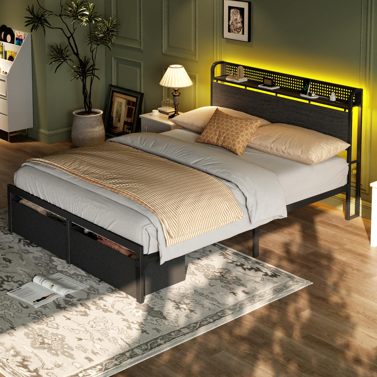 Full Size Bed Frame with Headboard, Charging Station, 2 Storage Drawers U9418